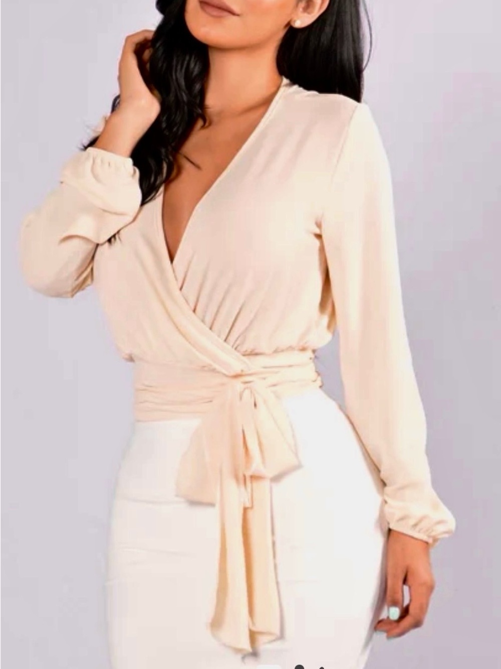 Fashion Nova Cream Wrap Front Long Sleeve Blouse